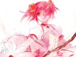  :d auko2011 bow bow_(weapon) bust choker gloves hair_over_one_eye hair_ribbon kaname_madoka magical_girl mahou_shoujo_madoka_magica open_mouth pink_eyes pink_hair ribbon short_hair short_twintails simple_background smile solo twintails weapon 