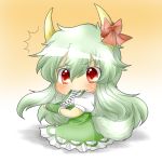  blush chibi dress eating ex-keine green_dress horn_ribbon horns kamishirasawa_keine long_hair rebecca_(keinelove) rebecca_(naononakukoroni) red_eyes ribbon scroll silver_hair sitting solo surprised tail touhou wavy_mouth 