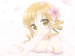  1girl blonde_hair blush breasts cherry_blossoms cleavage commentary_request flower hair_flower hair_ornament highres kinehansuke looking_at_viewer mahou_shoujo_madoka_magica petals smile solo tomoe_mami yellow_eyes 