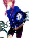  amane_suzuha arm_behind_back bike_shorts braid brown_hair gears hand_on_hip hips long_hair open_mouth smile solo steins;gate track_jacket twin_braids uso_(ameuzaki) yellow_eyes 