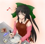  alternate_costume apron azumax blush closed_eyes contemporary cooking detached_sleeves eyes_closed food jewelry long_hair mixing_bowl musical_note necklace reiuji_utsuho ribbon smile solo touhou very_long_hair whisk 