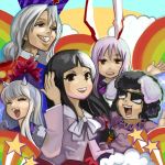  animal_ears bunny_ears carrot closed_eyes eyes_closed horns houraisan_kaguya inaba_tewi kamishirasawa_keine maku_(artist) open_mouth parody rainbow reisen_udongein_inaba smile star sunglasses teeth touhou yagokoro_eirin 