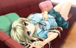  bare_legs barefoot blonde_hair blue_eyes couch dress_shirt hand_on_own_chest hand_to_chest long_hair looking_at_viewer lying neck_ribbon on_back original pillow ribbon ryoumoto_ken shirt skirt solo striped striped_shirt 