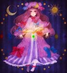  blush book crescent crescent_moon dress hat long_hair moon open_mouth patchouli_knowledge purple_eyes purple_hair solo star sun touhou violet_eyes yujup 
