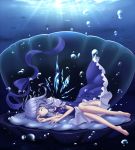  barefoot blue_dress blue_hair bubble cirno clam closed_eyes dress error fish highres ice ice_wings lying on_side oyster ribbon short_hair sleeping solo sunbeam sunlight touhou underwater wings wrong_feet zzz36951 