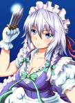  between_fingers blue_eyes blush braid breasts cleavage diesel-turbo izayoi_sakuya knife maid maid_headdress short_hair silver_hair solo throwing_knife touhou twin_braids weapon 