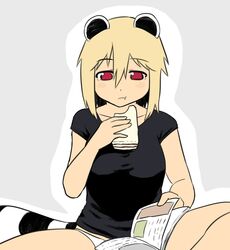  1girl :t animal_ears araiguma-san bare_shoulders blonde_hair blush_stickers book breasts eating flat_gaze food large_breasts original panties raccoon_ears raccoon_tail reading red_eyes sandwich short_hair sitting solo t-shirt tail tsukudani_(coke-buta) underwear white_panties 