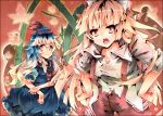  bamboo blue_dress cheong_ha dress fujiwara_no_mokou hands_on_hips hat kamishirasawa_keine leaf leaning_forward long_hair multicolored_hair multiple_girls touhou 