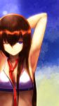  arms_up bikini_top blue_eyes brown_hair bust highres krif long_hair makise_kurisu necktie smile solo steins;gate wink 