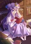  adjusting_glasses bad_id barefoot bespectacled book bookshelf bow colored_eyelashes crescent glasses hair_bow hat highres kumio lavender_eyes lavender_hair long_hair open_book patchouli_knowledge pigeon-toed pigeon_toed purple_eyes purple_hair reading sitting solo touhou 