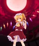  ascot blonde_hair fal_maro flandre_scarlet full_moon hat highres looking_at_viewer moon red_eyes red_moon red_sky short_hair side_ponytail skirt skirt_set sky smile solo the_embodiment_of_scarlet_devil touhou wings 