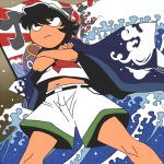  belt black_hair cape crossed_arms flag from_below hat midriff murasa_minamitsu navel no_nose onigashira_rin onikobe_rin rising_sun sailor sailor_hat serious short_hair shorts solo touhou water 