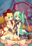  blonde_hair blue_eyes finger_to_face frills green_eyes green_hair hair_ornament hair_ribbon hairclip hand_holding hatsune_miku hime03 holding_hands kagamine_rin open_mouth parasol ribbon seiza sitting smile stuffed_animal stuffed_toy teddy_bear umbrella vocaloid 