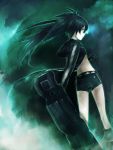  arm_cannon black_hair black_rock_shooter black_rock_shooter_(character) blue_eyes boots co2 gloves glowing glowing_eyes hoodie long_hair pale_skin short_shorts shorts solo standing twintails weapon 
