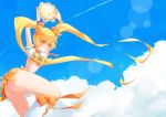  aji_nashi_(dress) arms_up ass blonde_hair cloud cure_sunshine hair_ribbon heart heartcatch_precure! instrument long_hair magical_girl midriff myoudouin_itsuki navel precure ribbon shiny_tambourine skirt sky solo tambourine twintails yellow_eyes 