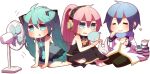  aqua_eyes aqua_hair blue_hair chibi eating electric_fan fan fanning_face food hatsune_miku headphones hot ice_cream kaito megurine_luka niwako paper_fan pink_hair ponytail simple_background sitting sweat twintails uchiwa vocaloid 