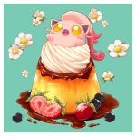  :o absurdres berry border bright_pupils chocolate commentary el_(lwlczs) fangs flower food fruit green_background highres open_mouth pokemon pudding scream_tail strawberry strawberry_slice tongue white_border white_flower yellow_eyes 