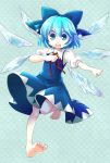  barefoot blue_eyes blue_hair bow checkered checkered_background child cirno dress hair_bow highres neck_ribbon open_mouth ribbon short_hair socha solo touhou wings 
