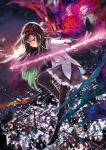  akemi_homura argyle argyle_legwear arrow black_hair black_legwear blue_eyes bow_(weapon) city_lights cityscape flying gradient_hair green_hair hair_ribbon high_heels long_hair magical_girl mahou_shoujo_madoka_magica multicolored_hair night outstretched_hand pantyhose pleated_skirt purple_eyes ribbon shirabi_(life-is-free) shoes skirt sky solo spoilers sunset violet_eyes weapon wings 