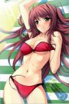  abs artist_request belly bikini blush breasts brown_hair cleavage cream curvaceous green_eyes happy highres long_hair lotion lying mizugi navel onigirikun open_mouth pastel_chime_continue red_bikini rindou_rinna shitapai side-tie_bikini smile solo strap_slip sunscreen suntan_lotion swimsuit wide_hips 