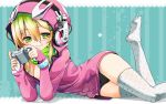  black_panties blonde_hair breasts cleavage controller food fruit game_controller gamepad gradient_hair green_eyes green_hair hair_ornament headphones highres hoodie kuromaru9 leg_up lips long_hair looking_at_viewer lying multicolored_hair no_bra no_pants on_side original panties parka personification polka_dot polka_dot_legwear scarf smile solo thigh-highs thighhighs thighs underwear wallpaper white_legwear zettai_ryouiki 