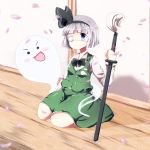  blue_eyes eyepatch hair_ribbon katana konpaku_youmu konpaku_youmu_(ghost) petals ribbon silver_hair solo sword tikuwakure touhou weapon 