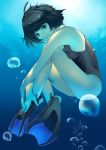 black_hair blue bubble competition_swimsuit fins freediving green_eyes nakaizumi_tatsuya one-piece_swimsuit original short_hair swimsuit underwater 