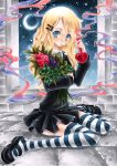  blonde_hair blue_eyes bouquet crescent_moon flower hair_ornament hairclip harry_potter kaoru-chan love_potion luna_lovegood mary_janes moon night potion school_uniform shoes skirt solo striped striped_legwear striped_thighhighs sweater thigh-highs thighhighs traditional_media 
