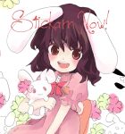  animal animal_ears bad_id black_hair blush bow bowtie bunny bunny_ears carrot dress flower inaba_tewi jewelry nanashina necklace pink_dress rabbit red_eyes short_hair smile solo touhou 
