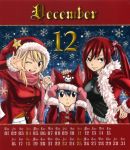  animal_hat blonde_hair blue_hair brown_eyes calendar cat_hat christmas december erza_scarlet fairy_tail fur_trim hand_on_head hand_on_hip hat hat_with_ears hips long_hair lucy_heartfilia mashima_hiro mittens multiple_girls official_art petting red red_hair redhead santa_costume santa_hat scarf side_ponytail snow snowflakes wendy_marvell wink 