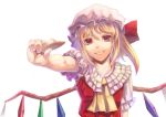  ascot blonde_hair cracker face flandre_scarlet foreshortening hands hat jpeg_artifacts pov pov_feeding red_eyes simple_background smile solo sukocchi the_embodiment_of_scarlet_devil touhou wings 