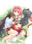  affection animal_ears barefoot bell bow braid brown_hair cat_ears cat_tail dress eyeball hair_bow happy hug jingle_bell kaenbyou_rin komeiji_satori long_hair lying multicolored_eyes multiple_girls multiple_tails on_back on_side open_mouth red_eyes red_hair redhead reiuji_utsuho short_hair tail tes_(unpre) third_eye touhou translated translation_request twin_braids twintails 