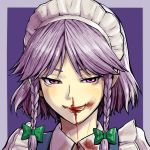  :p blood blood_on_face bow braid close-up face hair_bow izayoi_sakuya licking maid maid_headdress nosebleed red_eyes shiba_itsuki short_hair silver_hair smile solo the_embodiment_of_scarlet_devil tongue touhou twin_braids 