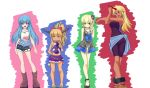  :&lt; baiken_(artist) bandeau bare_legs bare_shoulders blonde_hair blue_hair boots bow breasts casual chain chains child contemporary dark_skin dress flower food fruit gourd green_eyes hair_bow hair_flower hair_ornament hinanawi_tenshi horn horn_ribbon horns hoshiguma_yuugi ibuki_suika long_hair mizuhashi_parsee multiple_girls navel no_hat no_headwear no_socks open_mouth pants peach pointy_ears red_eyes ribbon sandals sarong short_hair shorts skirt smile straw touhou 