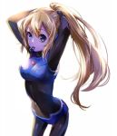  1girl arms_up blonde_hair blue_eyes bodysuit hair_tie long_hair looking_at_viewer mouth_hold ponytail rockman rokkochan rokkochan_(game) rough simple_background solo very_long_hair white_background yunco 