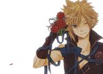  bishounen blonde_hair blue_eyes bow cloud_strife final_fantasy final_fantasy_vii flower male petals ribbon rose shichimiso simple_background solo striped white_background wink 