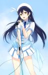  1girl black_hair earrings fingerless_gloves gloves hat jewelry long_hair love_live!_school_idol_project microphone microphone_stand open_mouth sasamori_tomoe skirt solo sonoda_umi yellow_eyes 