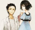  bust dress grey_eyes hat holding holding_hat kuromu_(kaeru) labcoat looking_back okabe_rintarou shiina_mayuri short_hair silver_eyes simple_background smile steins;gate 