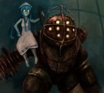  big_daddy big_daddy_(bioshock) bioshock bracelet crossover drawfag dress drill ikamusume jewelry shinryaku!_ikamusume smile yellow_eyes 