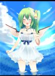  ^_^ blue_sky blush closed_eyes cloud daiyousei dress emyu eyes_closed fujishiro_emyu green_hair hair_ornament hair_ribbon hairpin jewelry necklace open_mouth outstretched_hand pendant ribbon side_ponytail sky smile solo strap_slip touhou wading water white_dress wings 