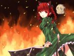  animal_ears braid cart cat_ears cat_tail dress fire ghost kaenbyou_rin miyo_(ranthath) multiple_tails red_eyes red_hair redhead skull solo tail touhou 