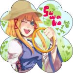  :&gt; :d alternate_hairstyle blonde_hair blue_eyes bust chakram frog hat heart hoop john_marica moriya&#039;s_iron_rings moriya's_iron_rings moriya_suwako open_mouth payot smile solo sparkle touhou wide_sleeves wink wristband 
