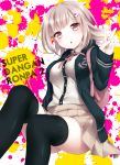  1girl absurdres backpack bag black_legwear dangan_ronpa etou_(cherry7) hair_ornament hairclip highres nanami_chiaki open_mouth pink_eyes pink_hair school_uniform short_hair skirt solo super_dangan_ronpa_2 thigh-highs v 