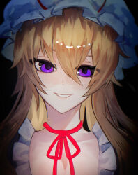  1girl absurdres blonde_hair choker commentary dark_background frills hair_between_eyes hat highres long_hair looking_at_viewer mob_cap parted_lips portrait ribbon_choker sakura_gohaan smile solo teeth touhou violet_eyes yakumo_yukari 