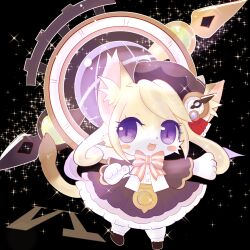  1boy :3 :d animal_ears black_shoes blonde_hair blush_stickers body_fur bow bowtie capelet cat_boy cat_busters cat_ears cat_tail chibi chibi_only chibikemo chrona_(cat_busters) clock clock_hair_ornament commentary_request crossdressing crossdressing_(mtf) furry furry_male hat highres kinomy lolita_fashion looking_at_viewer male_focus open_mouth pantyhose pawpads purple_capelet purple_hat purple_skirt shirt shoes skirt slit_pupils smile solo tail trap twintails violet_eyes whiskers white_pantyhose white_shirt 