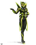  1girl alternate_costume alternate_universe armor breasts cowboy_shot driver fake_horns full_body glowing glowing_eyes green_armor helmet highres horned_helmet horns is_(kamen_rider_01) kamen_rider kamen_rider_01_(series) kamen_rider_zero-two medium_breasts pose red_eyes rider_belt shining_hopper signature spiked_armor to_ze white_background 