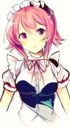  1girl :o apron blush breasts chaos;child enmaided highres looking_at_viewer maid maid_headdress medium_breasts onoe_serika open_mouth pink_eyes pink_hair puffy_short_sleeves puffy_sleeves rotte_(1109) science_adventure short_hair_with_long_locks short_sleeves simple_background solo upper_body white_background 