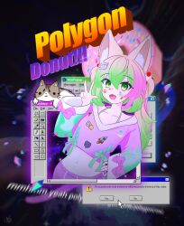  1other absurdres asteroid blonde_hair cat cat_girl character_name commentary cursor english_commentary fang green_eyes green_hair gym_shorts h4zenet highres indie_virtual_youtuber looking_at_viewer multicolored_hair navel pink_hair pink_shirt pink_shorts planet polygon_donut rocket_hair_ornament second-party_source shirt shooting_star shorts sticker sticker_on_face too_many_stickers twintails v window_(computing) 
