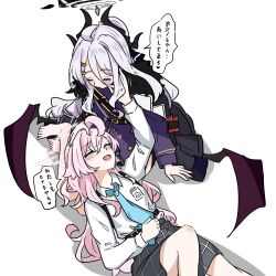  2girls ahoge black_skirt blue_archive closed_eyes commentary e_v_e_neko english_commentary halo highres hina_(blue_archive) horns hoshino_(blue_archive) lap_pillow long_hair long_sleeves multiple_girls necktie pink_hair shirt skirt speech_bubble translation_request white_background white_shirt wings yuri 