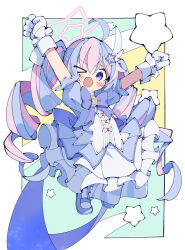  >_o 1girl ahoge blue_archive blue_hair blue_jacket blush border bow bowtie brooch commentary_request cropped_jacket drill_hair frilled_skirt frills full_body gloves green_background hair_ornament highres jacket jewelry jumping long_hair magical_girl multicolored_hair one_eye_closed open_mouth outside_border pantyhose pink_hair puffy_short_sleeves puffy_sleeves purple_bow purple_bowtie reisa_(blue_archive) reisa_(magical)_(blue_archive) shooting_star short_sleeves skirt smile solo star_(symbol) star_hair_ornament star_symbol_background striped_clothes striped_pantyhose twin_drills two-tone_hair usagi_kaoru_(usagimannjyuu05) v-shaped_eyebrows white_border white_gloves white_skirt yellow_background 